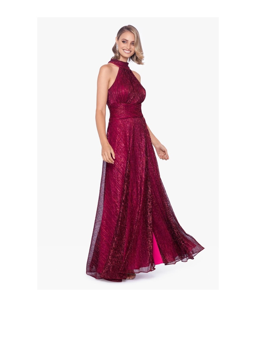 Betsy & Adam Metallic Wine Halter Neck Maxi Gown